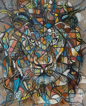 Obra contemporánea nombrada « Lion III - Huile sur toile 81 x65 cm », Hecho por ASSAëL