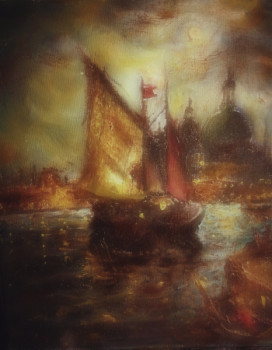 Obra contemporánea nombrada « Un bateau rentrant au Port de Venise, de Nuit », Hecho por LA CIGOGNE