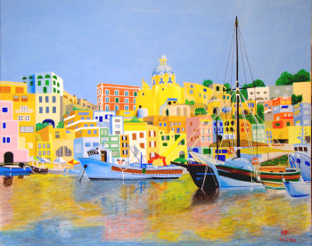 Obra contemporánea nombrada « Le port de PROCIDA », Hecho por MICHEL PARIENTE