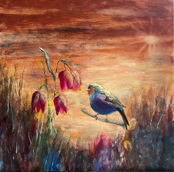 Obra contemporánea nombrada « L’oiseau, fleurs au coucher de soleil », Hecho por HONG