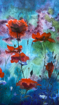 Obra contemporánea nombrada « Aquarelle de coquelicots sur fond bleu. », Hecho por COLORLINKA