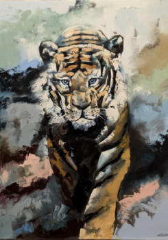 Obra contemporánea nombrada « Sa majesté: le tigre. huile au couteau », Hecho por VETOKI