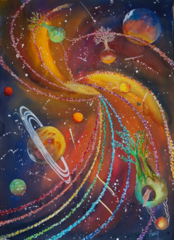 Obra contemporánea nombrada « COUCHER DE SOLEIL SUR LE COSMOS », Hecho por ISABELLE ZWANG