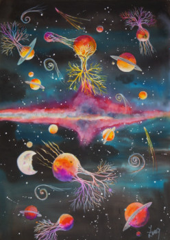 Obra contemporánea nombrada « UNIVERS EN DOMINANCE ROSE », Hecho por ISABELLE ZWANG