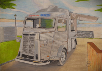 Obra contemporánea nombrada « Citroën H en bord de mer. », Hecho por PIRDESSINS