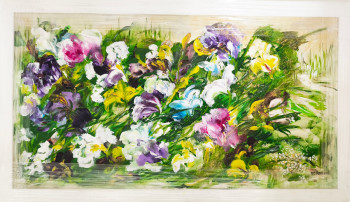 Obra contemporánea nombrada « N° 114 Fleurs Bleu d'Iris », Hecho por JADE-B-ROUGERIE