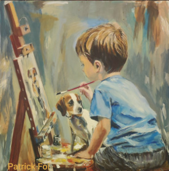 Obra contemporánea nombrada « Enfant peintre avec son petit chien », Hecho por PATRICK FOI