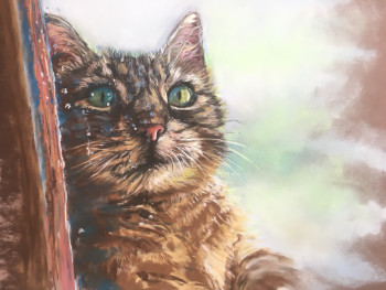 Obra contemporánea nombrada « Un chat derrière la vitre - Étude », Hecho por MANON SPINA