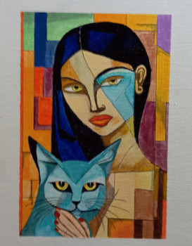 Obra contemporánea nombrada « Mujer con gato azul », Hecho por CéSAR VALLADOLID