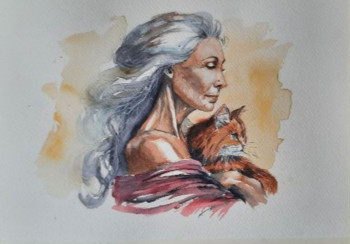 Obra contemporánea nombrada « Femme et chat », Hecho por PACO