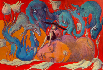 Obra contemporánea nombrada « « Les loups et le garçon au grand chapeau » », Hecho por LILA MORYAS
