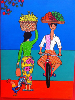 Obra contemporánea nombrada « Fruits Seller bilking home with her fruits on her Head », Hecho por STEF