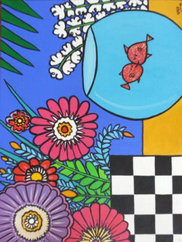 Obra contemporánea nombrada « Two Fishes in Love and Flowers », Hecho por STEF