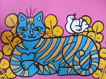 Obra contemporánea nombrada « A Blue Cat with Two Birds on his Back », Hecho por STEF