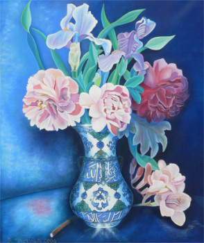 Obra contemporánea nombrada « Vase bleu aux paéonias », Hecho por ABERNARDO