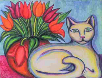 Obra contemporánea nombrada « Le chat au bouquet », Hecho por STEPHANE CUNY
