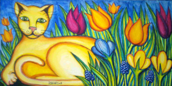 Obra contemporánea nombrada « Le chat jaune dans les platebandes fleuries », Hecho por STEPHANE CUNY