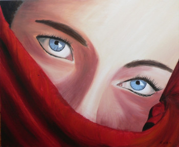 Obra contemporánea nombrada « Visage de femme au voile rouge », Hecho por GWEN