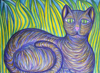 Obra contemporánea nombrada « Chat bleu dans l'herbe », Hecho por STEPHANE CUNY