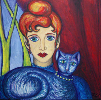 Obra contemporánea nombrada « Femme rousse au chat bleu », Hecho por STEPHANE CUNY