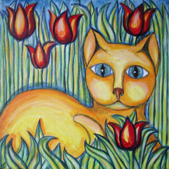 Obra contemporánea nombrada « Le chat au printemps », Hecho por STEPHANE CUNY