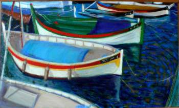 Obra contemporánea nombrada « Barques de pêcheurs, huile sur toile », Hecho por SABAH