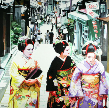 Obra contemporánea nombrada « 3 geishas », Hecho por CLOTILDE NADEL