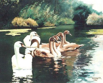 Obra contemporánea nombrada « Cygnes en famille sur le Brunnwasser », Hecho por ROBERT SCHOULER