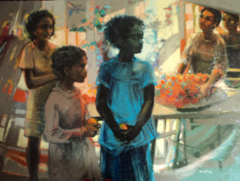 Obra contemporánea nombrada « trois petites filles en fin de marché 1989 », Hecho por MICHEL CLOS